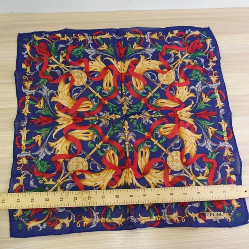 Vintage CELINE Paris Handkerchief Blue Gold‎ Medallion Arabesque AUTH Luxe 17x18 - Picture 5 of 12